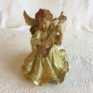 Vintage Guitar Playing Angel in Cream and Gold. Hard Rubber Figurine. Vintage Angel Figurine. Charming!