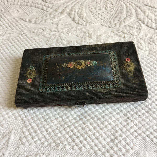 Antique Silk La Tre's-ure Peries Jewelry Box with feet and Celluloid Box Decorations with Pillow Style Lid Decorations.