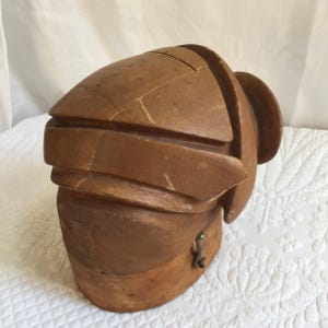 Antique Wooden Millinery Hat Form. 1930s to 40s Wood Block For Forming a Woman&#39;s Hat. Articulated Sides Slide On and Off with Securing Hook.