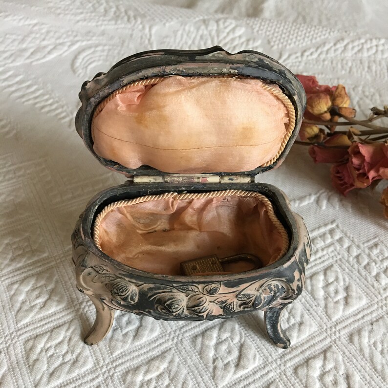 Vintage Jewelry Box Lined in Peach Silk and Cording Antiqued Tan on Black to Make This Charming Molded Roses Leaves and Stem Top Handle.
