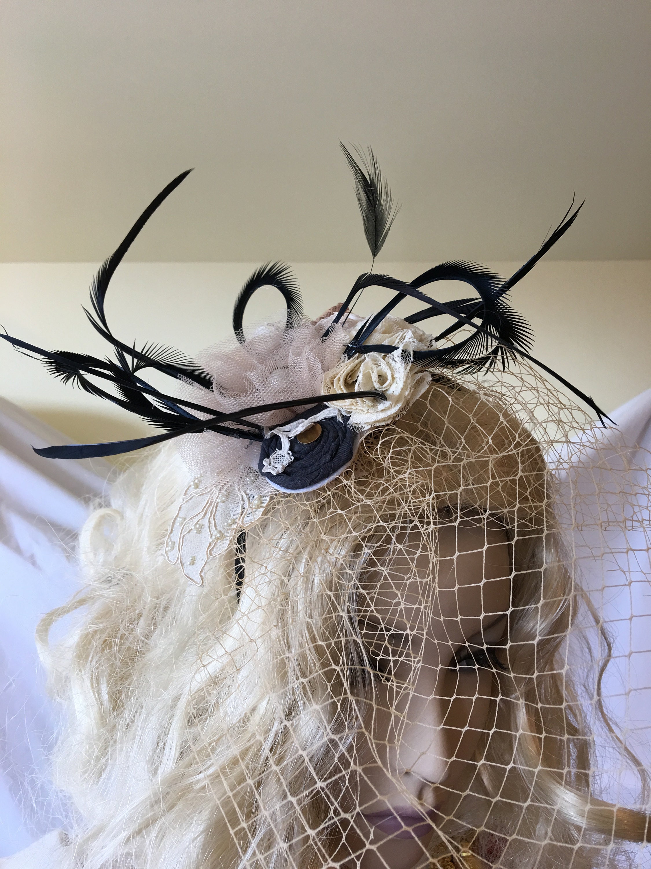 Fascinator Hat, off White Net and Lace Flowers and Leaves 