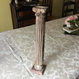Antique Wood Pillar Column Shabby Chic Decoration for Any Room. Fluted Pillar Column with Fancy Curly Cue Pediment, Square Wood Base.
