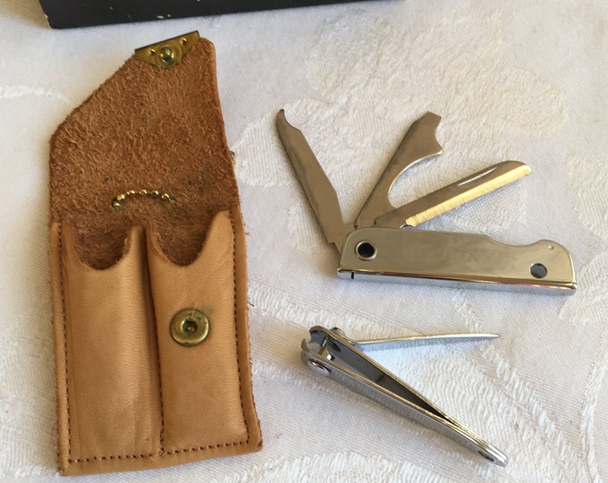 Vintage 1981 Bassett Trim Set, Nail Clippers and Knife in Leather Pouch