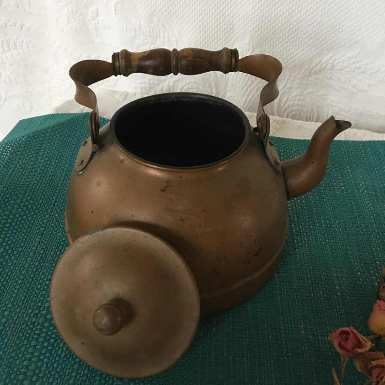 Antique Copper Tea Kettle With Wooden Fancy Bent Handle and Etsy