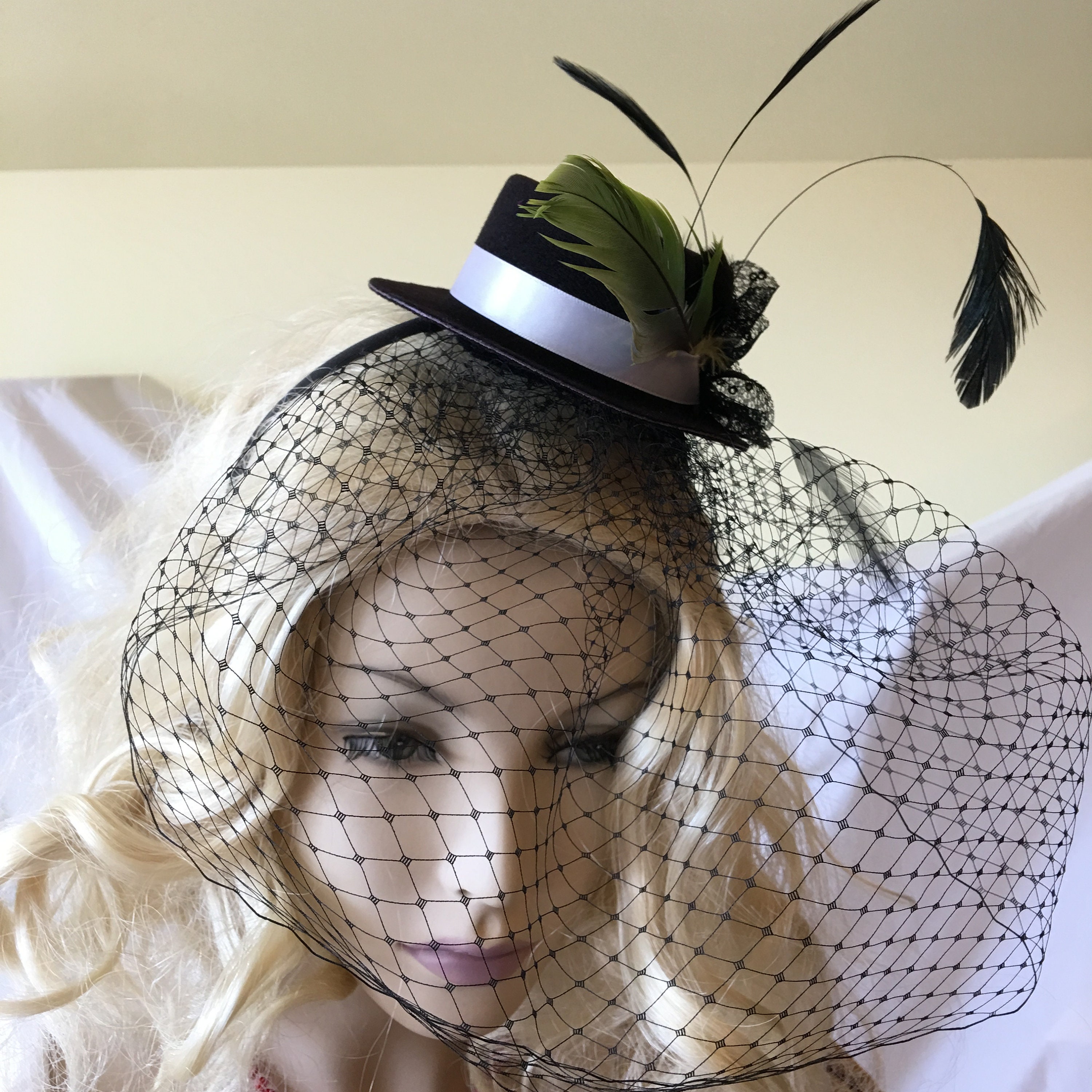 Fascinator Hat Black Hat White Satin Ribbon Lace Rosette Etsy