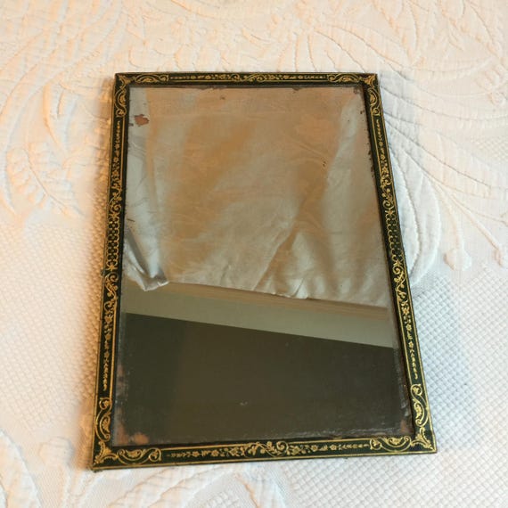 Vintage Green Leather Mirror Frame W/ Embossed Gold Swirls and