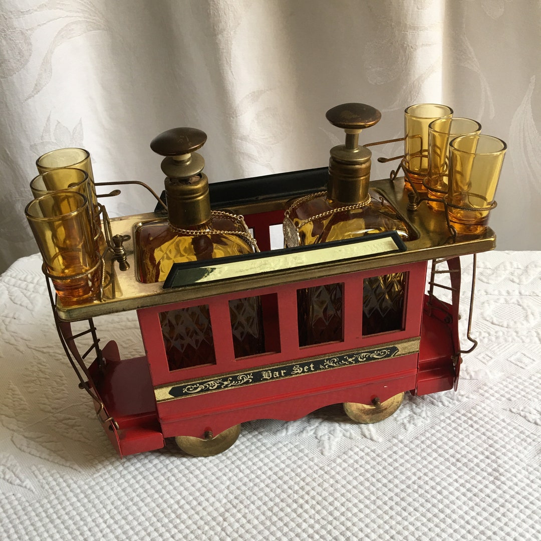 Vintage Bar Set Trolley Music Box Two Decanters Lift to Play Etsy