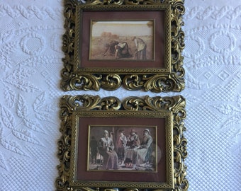 Vintage 1950s Openwork Plastic Frames and Vintage Pictures. Sold by the Pair. Story of Ruth and Quaker Type Gathering. Made in Taiwan.