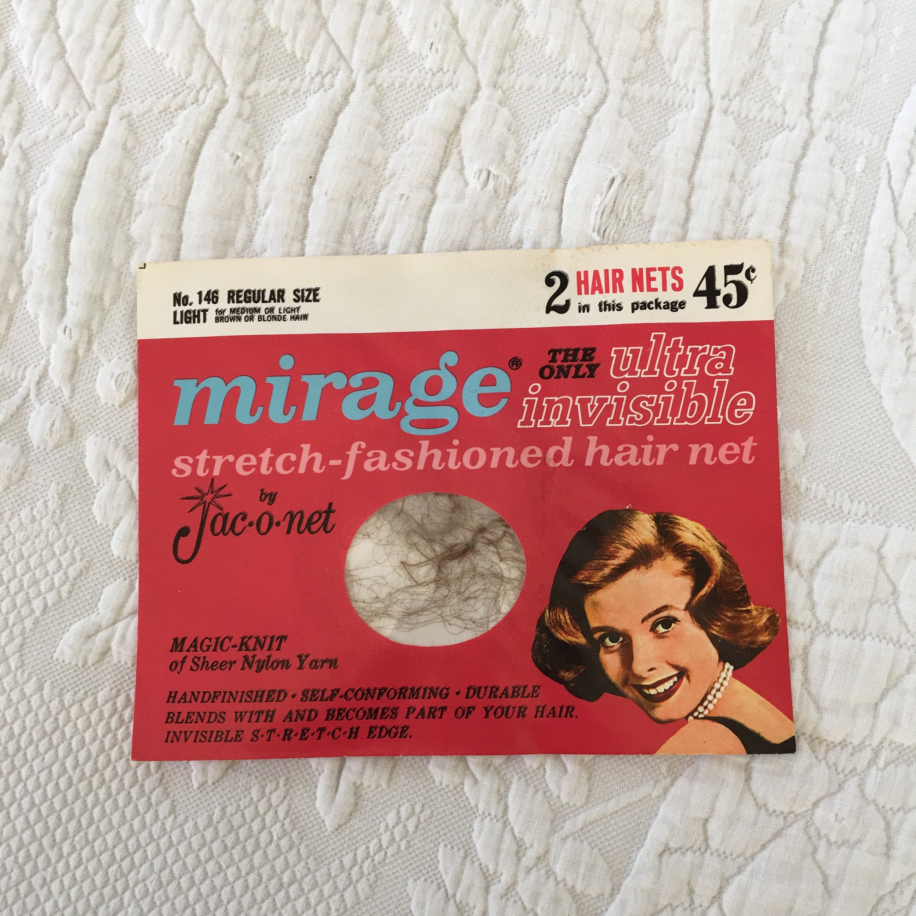 Vintage 1940s Mirage Hair Net. Magic Knit of Sheer Nylon Yarn. Ultra Invisible Stretch Fashioned Hair Net. by Jac-o-Net. Great Display.