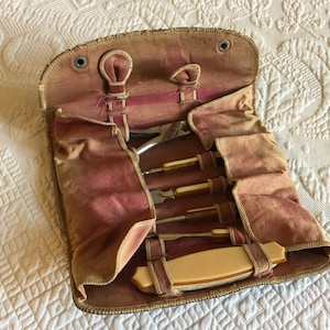 Vintage Celluloid Nail Care Kit in Fabric Snapping Case. Scissors Type Clipper, Boot Button Hook, Nail File, Cuticle Pusher, Nail Polisher.