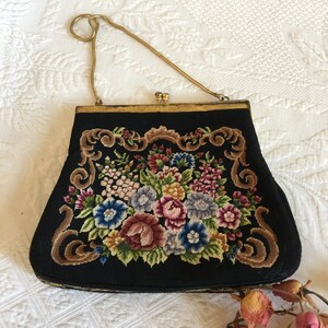 Vintage Petit Point Purse. The Whole Thing is Petit Point on Ornate Gold Snap Latch Frame and Snake Chain. Black Lining in Good Shape.