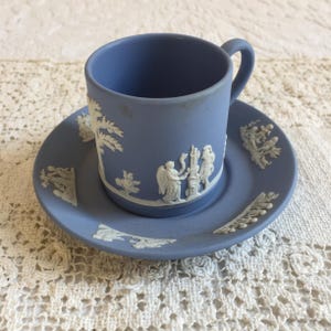 Vintage Wedgwood Plate With Cherub Scenes and Cup with Scene of Soldier and Angel and Ladies with Angel. Blue and White. Made in England.