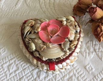Vintage Seashell Covered Wooden Trinket Box. Pink Shell Flower on Top. Red Flocked Lined Shell Box.