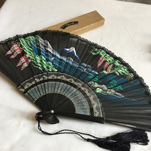 Vintage Hand Painted Silk and Wood Fan. Mountains, Water, Trees, Flowers, Rocks and Boats. Beautiful Fan. Black Silk and Black Wood Fan.