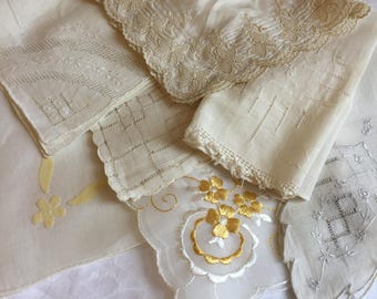 Vintage 7 Yellow and White Hankies in Linen, Sheer and Silk. Beautiful Shadow Applique, Embroidery, Pulled Thread, and Silk Embroidery.