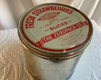 Vintage Strawberry Tin, 10 Lbs. Sweetened Sliced Fresh Strawberries Empty Tin From Zeropak. Cincinnati Ohio The Zeropack Co.