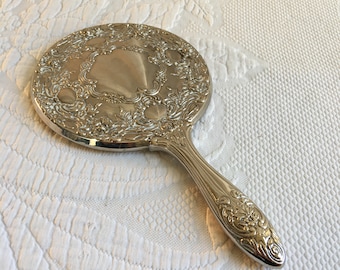 Vintage Silver Plate Hand Mirror with Embossed Swirling Leaf and Floral Designs w/ Roses. Beautiful and Well Made!
