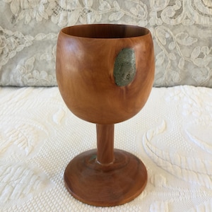 Vintage Handmade Wood Wine Glass with Natural Inclusions. Natural Knots in the Wood Add Interest. Made From One Piece of Wood.