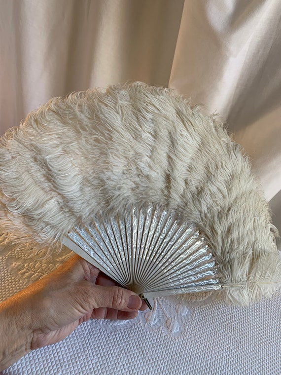 Vintage Wood and Feather Fan with Embossed Silver 