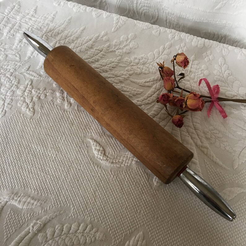 Vintage Large Wooden and Metal Rolling Pin. Cool Metal Handles Etsy