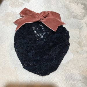Handmade Dark Blue Hair Net Snood With Overall Flower Pattern. Large Snood Has Dark Blue Velvet Bow, Small Snood Has Pink Velvet Bow.