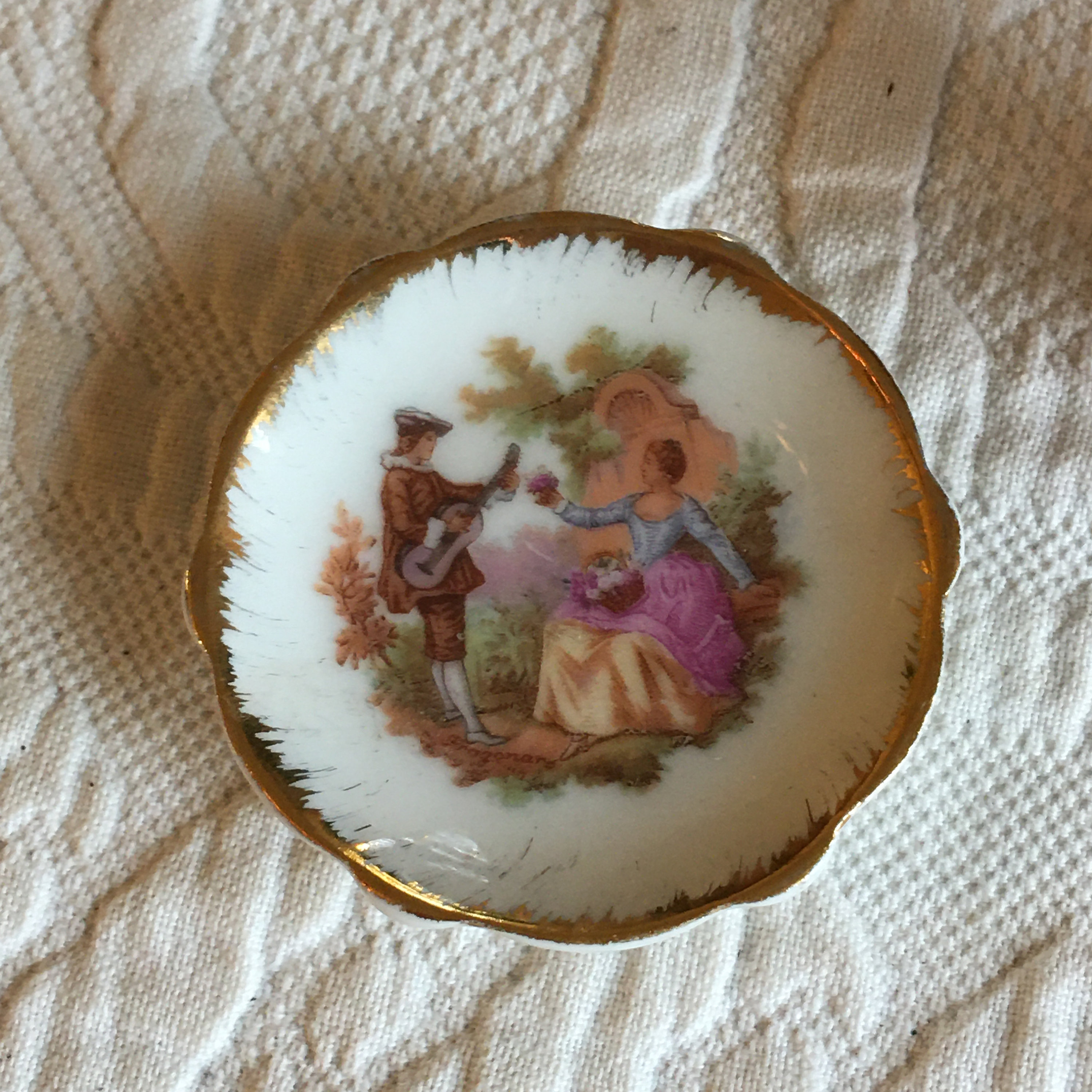 Vintage Mini Limoges Painted Porcelain Plate With Gold Border. Man