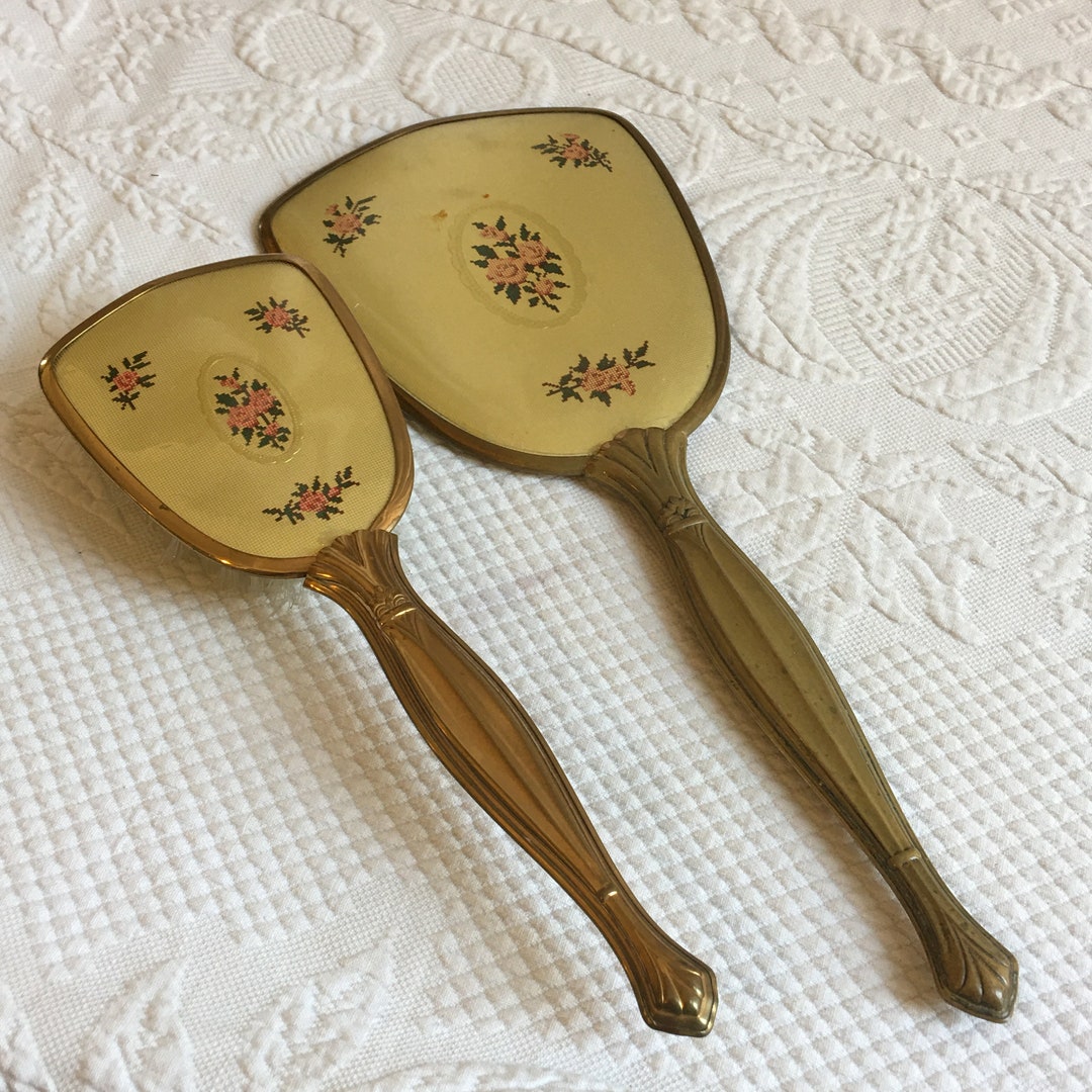 Vintage Hand Mirror and Brush. Faux Pettit Point Back Designs. Pretty