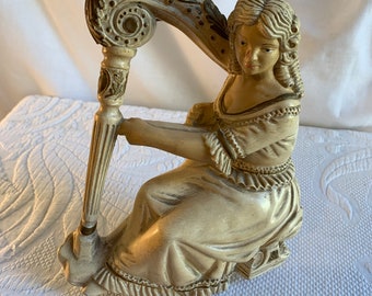 Vintage 1961 Universal Statuary Corp. S667 Chicago, IL. Chalkware Lady with Harp Wall Hanging Figurine. Hanger on Back.