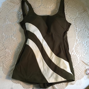 Vintage Sirena Swimsuit Size 14 One Piece w/ Flap Across the Bottom Front. Olive Green with Two White Diagonal Stripes. Built In Large Bra.