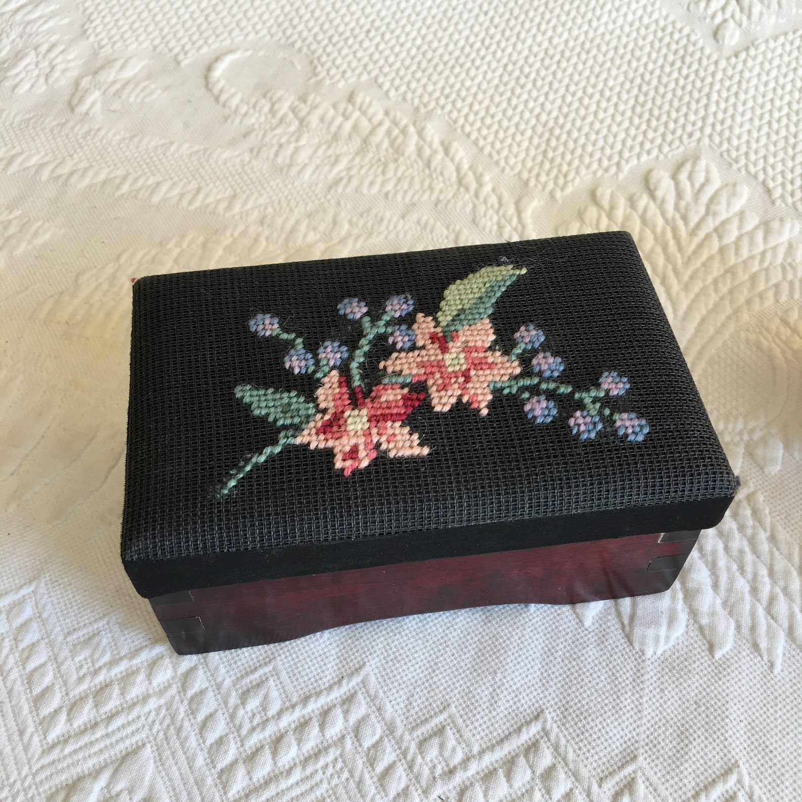 Vintage Needlepoint Jewelry Box. Dovetailed Hinged Wooden Box Etsy