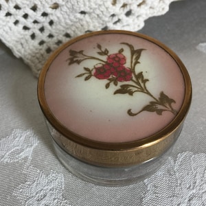 Vintage Glass Dresser Jar with Gold Brass Lid with Hand Painted Flowers on the Top. Great for Dresser or Vanity.