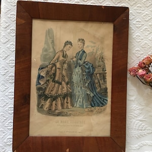 Antique 1876 La Mode Illustration of Two Fancy Dressed Ladies. Hand Painted Lithograph Print of Bureaux du Journal 56 rue Jacob Paris.