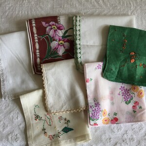 Vintage 7 Handkerchiefs Cotton, Linen Crocheted, Embroidered and Appliqued, Pulled Thread and Overall Floral.