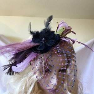 Fascinator Hat, Navy Blue Sequined Flower, Lavender Pheasant and Peacock Feathers, Mottled Blue and Lavender/Pink Veil. Headband and Clip.