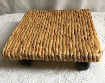 Vintage Raffia Twist Covered Plant Stand on Roller Wheels. Wheels Rotate and Roll.