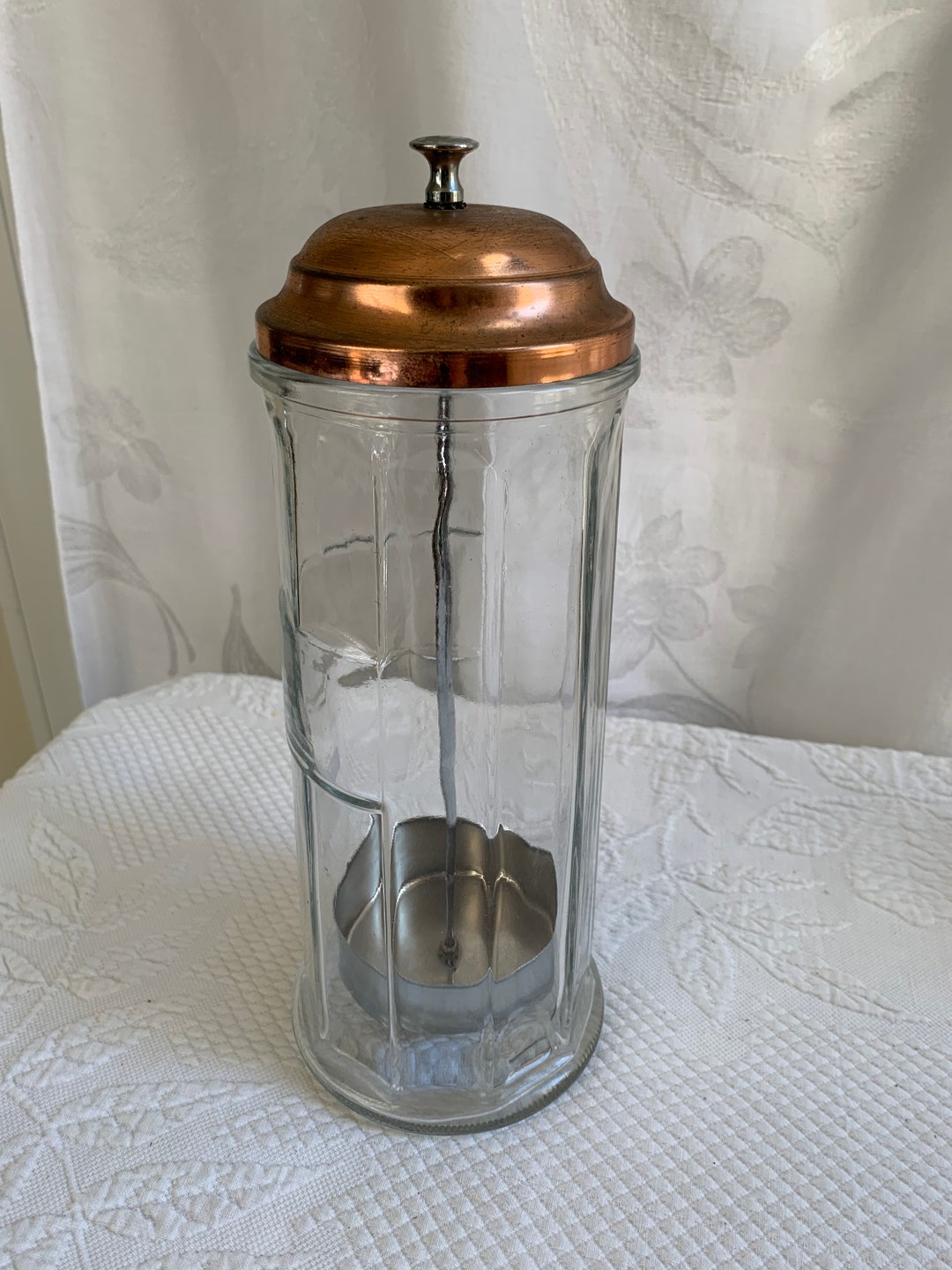 Vintage Copper Glass Straw Holder. Vintage Straw Jar to Store and