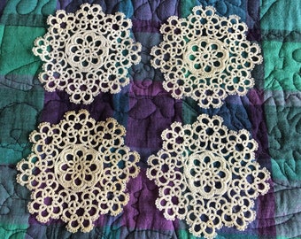 Vintage Crocheted Exquisite Design and Stitching Set of 4 Matching Coaster Type Doilies. Use w/ Glass Coasters or Just for Pretty on Table.