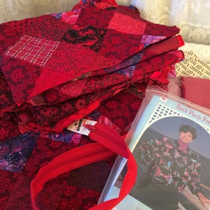 Craft Kit for Red Quilted Jacket. Fabrics Cut, Pieced, Quilted and Cut Out for a Medium Sized Jacket.  Zipper, Cuffs and Scraps Included.
