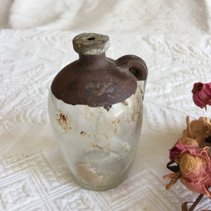 Vintage Antique Little Brown Jug Medicine Bottle Hole in Center of Lid. May be a Hospital Bottle for Injections.