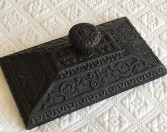 Antique Victorian Cast Iron Paperweight Blotter for Desk. Heavy Decorative Rectangular Shape with Swirls and Borders..