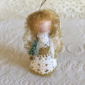 Handmade Lacey Angel. Angel from Lace White and Gold Doily. Angel With Wings Carrying a Gold Star.