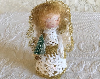 Handmade Lacey Angel. Angel from Lace White and Gold Doily. Angel With Wings Carrying a Gold Star.