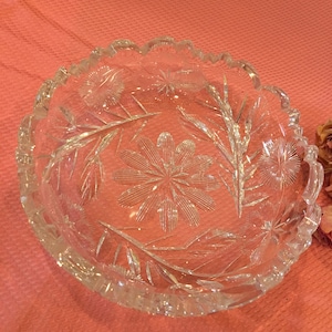 Vintage Cut Glass Crystal Round Bowl.  Stems With Leaves and Flowers Plus Large Bottom Flower. Beautiful Cut Glass Bowl.