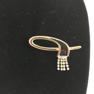 Vintage Gold and Black Pin. Oval Swirl Design with Dangling Rhinestones. Pin Brooch for Dress, Scarf, Jacket or Coat.
