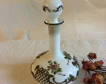 Antique Victorian Milk Glass Bottle With Stopper. Hand Painte White Glass Vase Bottle.