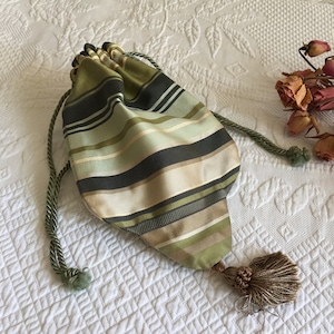 Handmade Silk Purse. Green, Brown and Tan Striped Silk Purse. Green Tassels. Twisted Drawstring Cord. Regency, Prom or Evening Bag.