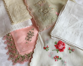 Vintage 6 Pink and White Linen, Chiffon and Silk Hankies. Embroidery, Tatted Edge, Pulled Threads, and Shadow Applique.