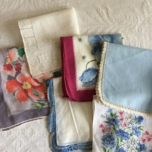 Vintage 6 Handkerchiefs Cotton & Linen, Beautiful Crocheted Edge on Two, 3 Overall Floral, Pulled Thread and Applique Wedding Hanky..