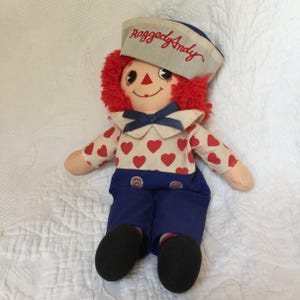Vintage Raggedy Andy Fabric Doll with Red Yarn Hair. Red Heart on White Shirt and Blue Pants. Cotton Doll.