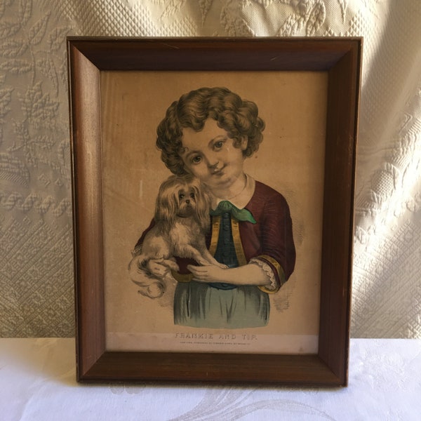 Antique 1800s Lithograph of Frankie and Tip. New York Published by Currier & Ives, 125 Nassau St. Picture of Curly Headed Boy and His Dog.